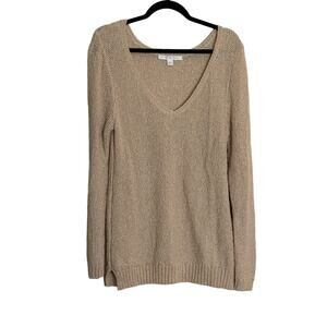 Boston Proper Cotton Knit V-Neck Sweater Tan Size M